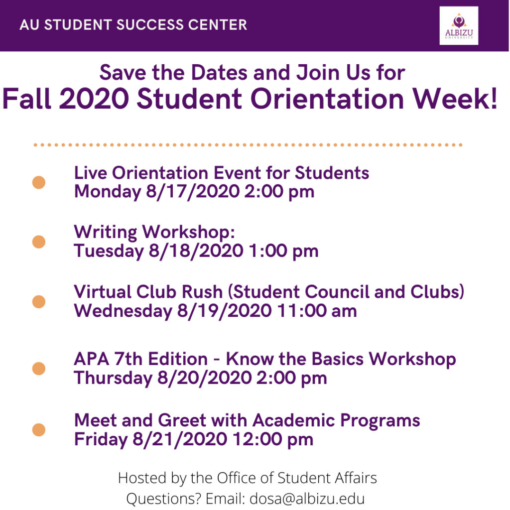 Fall 2020 Student Orientation – Save the Date | Albizu Info Central