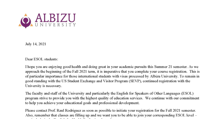 ESOL Students – Registration Fall 2021