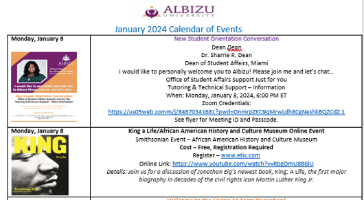 January Calendar of Events 2024