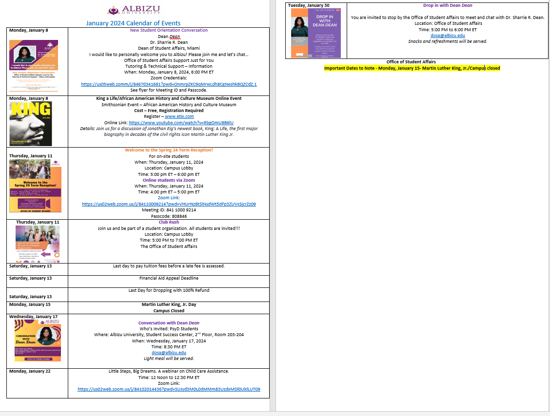 January Calendar of Events 2024 Info Central