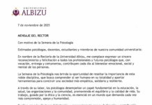 MENSAJE DEL RECTOR CON MOTIVO DE LA SEMANA DE LA PSICOLOGÍA